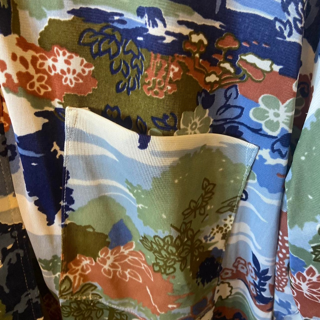 Vintage 70s floral button down shirt with a multicoloured and blue pattern #70s